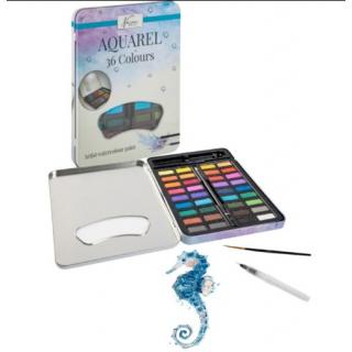Creative Craft - Nassau Fine Art: Aquarel Pans 36 pc in Tin Box + Brush, Waterbrush and HB Pencil
