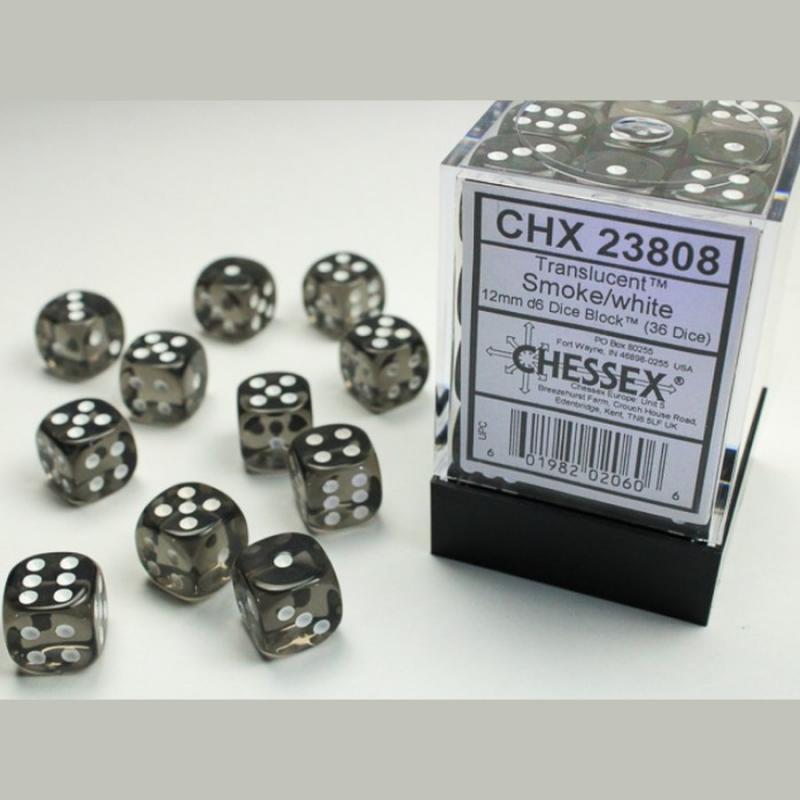 Chessex 23808 Translucent Smoke/White 12mm d6 Dice Block (36 dice)