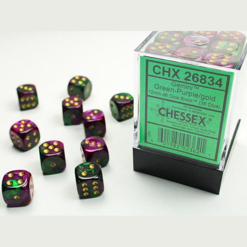 Chessex 26834 Gemini Green - Purple/Gold 12mm d6 Dice Block (36 dice)