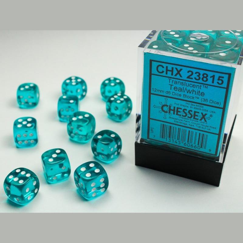 Chessex 23815 Translucent Teal/White 12mm d6 Dice Block (36 dice)