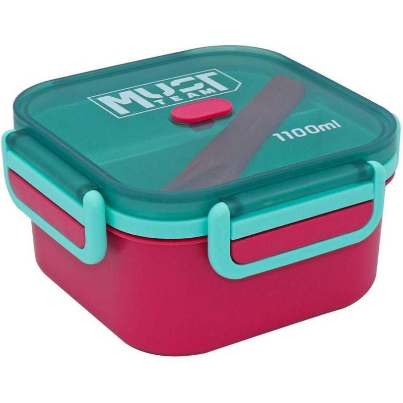 Must Φαγητοδοχείο 1100 ml (16,6χ16,6χ8,8 cm) PP με Κουτάλι & Πηρούνι, Τιρκουάζ - Ροζ