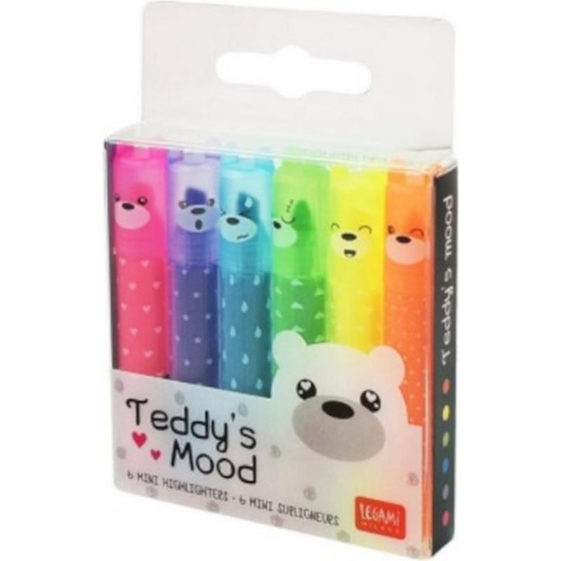 Legami Set of 6 Mini Highlighters - Teddy's Mood - Teddy Bear