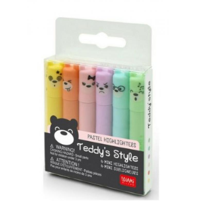Legami Set of 6 Mini Pastel Highlighters - Teddy's Style MH0004
