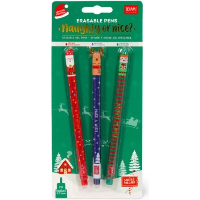 Legami Set of 3 Erasable Gel Pens - Naughty or Nice Santa's Village (Limited Edition)