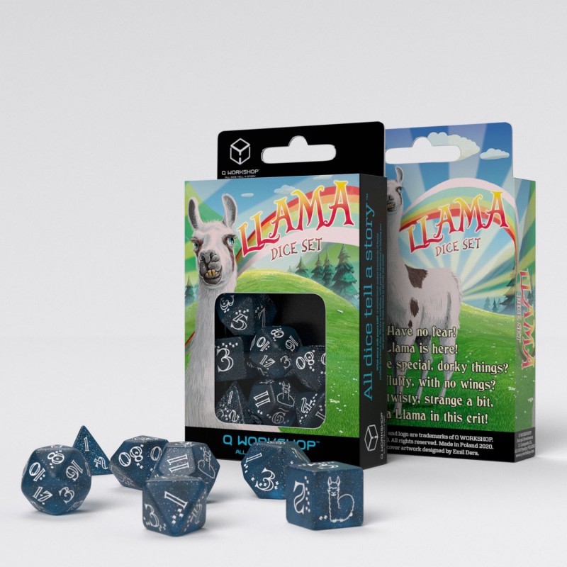 Shimmering Llama Dice Set Glittering dark Blue & White (7)