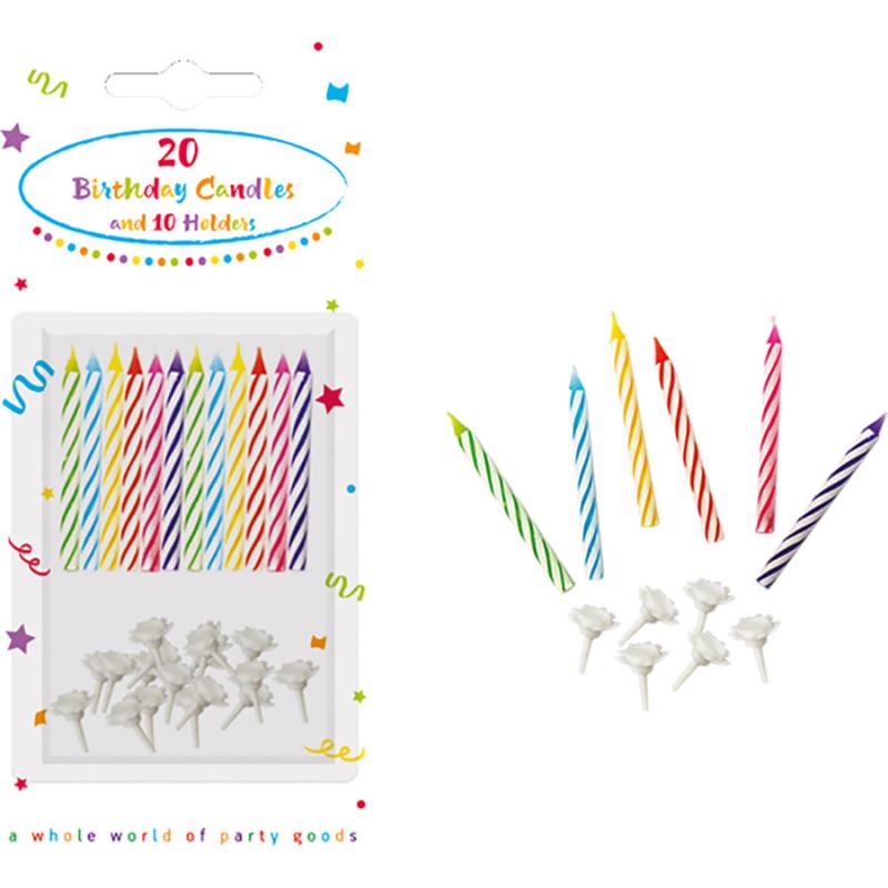 Κεράκια Γενεθλίων Πολύχρωμα Decorata 20 + 10 Βάσεις