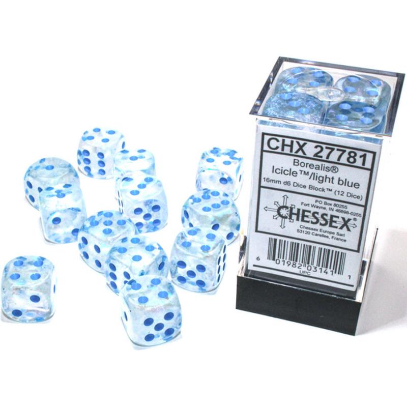 Chessex Borealis 16mm d6 Icicle/light blue Luminary Dice Block (12 dice)