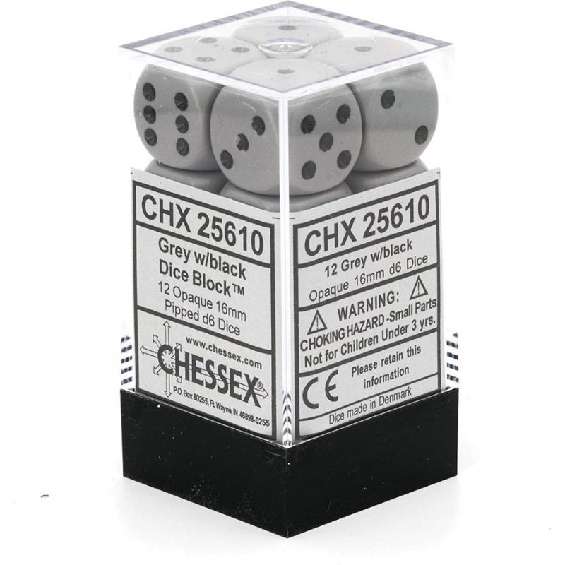 Chessex Opaque 16mm d6 with pips Dice Blocks (12 Dice) - Dark Grey w/copper