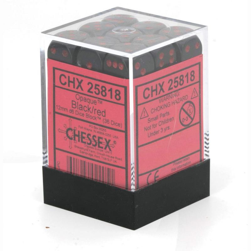 Chessex Opaque 12mm d6 with pips Dice Blocks (36 Dice) - Black w/red