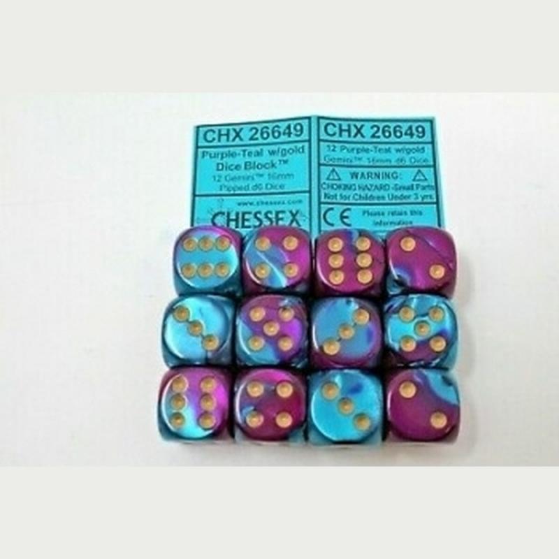 Chessex Gemini 16mm d6 with pips Dice Blocks (12 Dice) - Purple-Teal w/gold