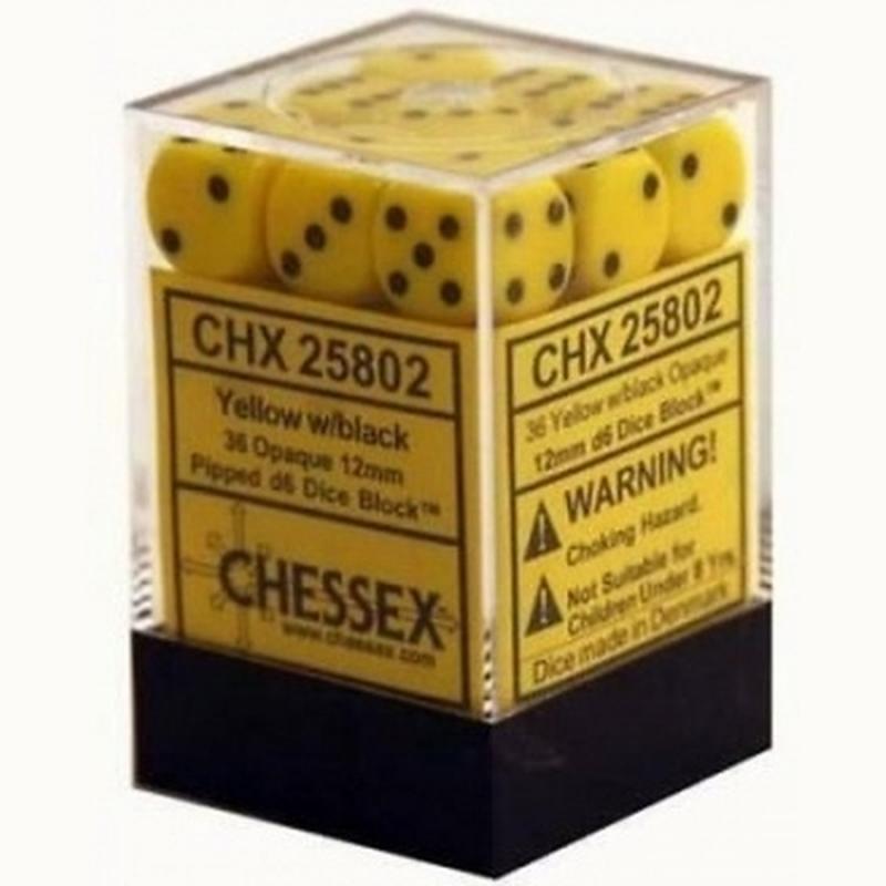 Chessex Opaque 12mm d6 with pips Dice Blocks (36 Dice) - Yellow w/black